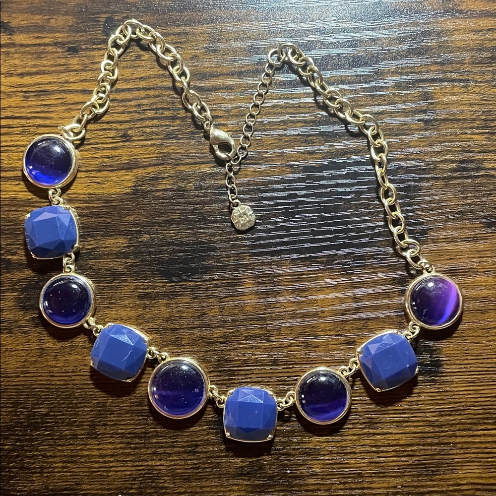 Monet Signed Gold Tone Necklace with Fire Blue sapphire stones, 10”